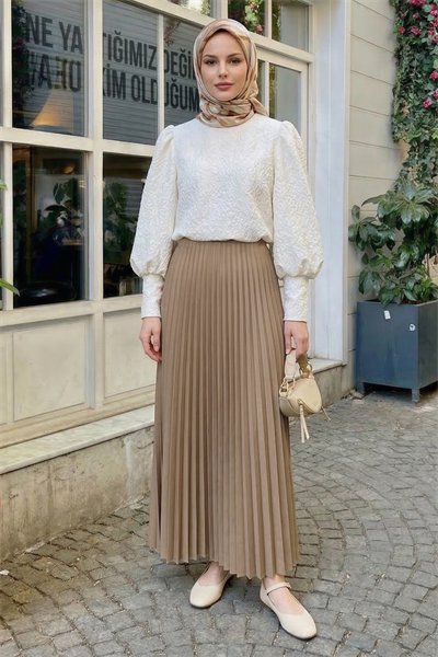 Gizli Lastikli Piliseli Bej Etek