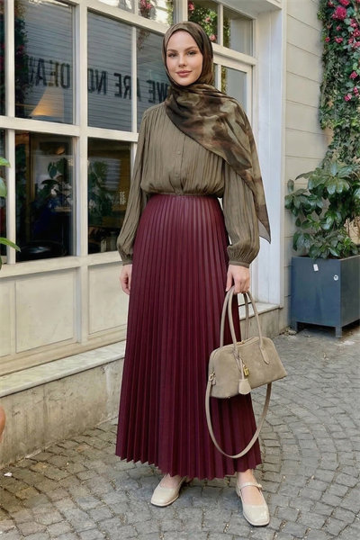 Gizli Lastikli Piliseli Bordo Etek