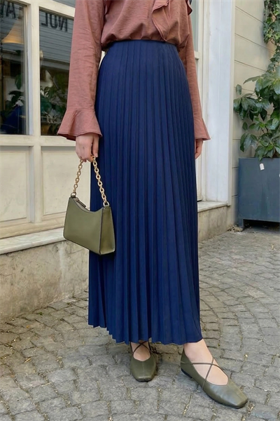 Gizli Lastikli Piliseli Lacivert Etek