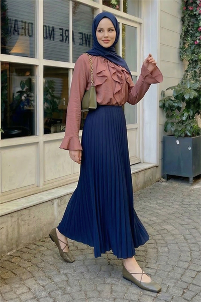 Gizli Lastikli Piliseli Lacivert Etek