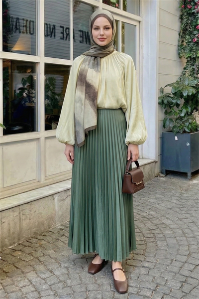 Gizli Lastikli Piliseli Mint Yeşili Etek