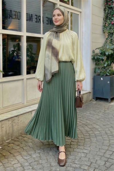 Gizli Lastikli Piliseli Mint Yeşili Etek