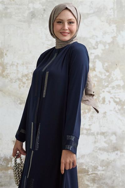 Gizli Patlı Taşlı Lacivert Ferace