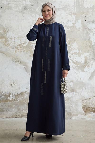 Gizli Patlı Taşlı Lacivert Ferace