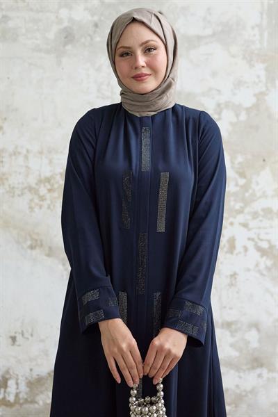 Gizli Patlı Taşlı Lacivert Ferace