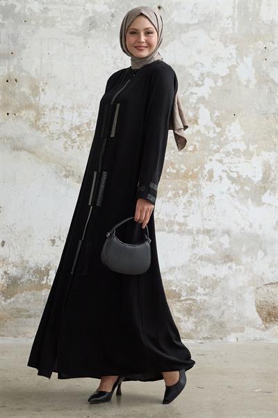 Gizli Patlı Taşlı Siyah Ferace