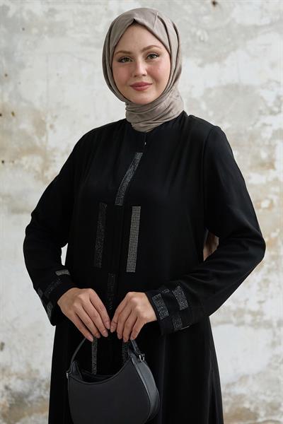 Gizli Patlı Taşlı Siyah Ferace