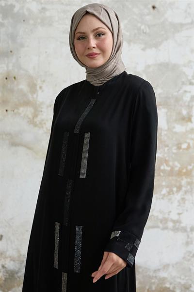 Gizli Patlı Taşlı Siyah Ferace