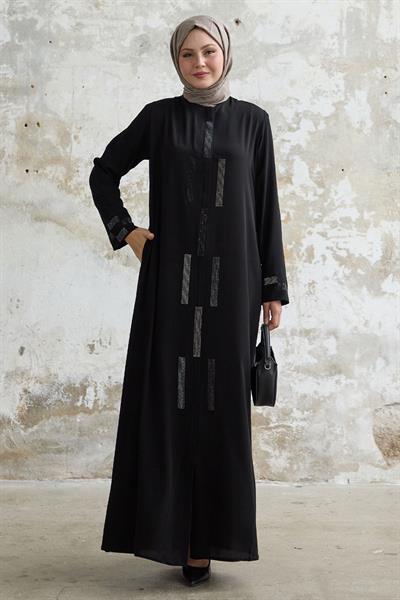 Gizli Patlı Taşlı Siyah Ferace