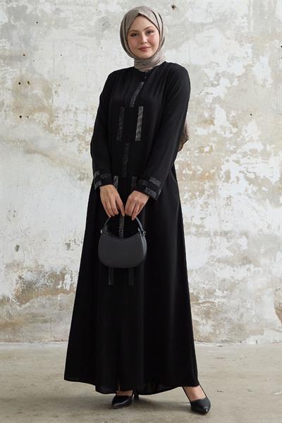 Gizli Patlı Taşlı Siyah Ferace