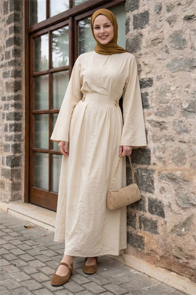 Gold Broşlu Kuşaklı Bej Modal Elbise