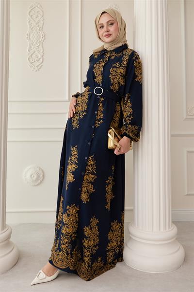 Gold Desenli Lacivert Viskon Elbise
