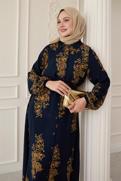 Gold Desenli Lacivert Viskon Elbise