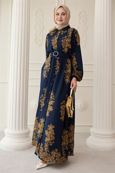 Gold Desenli Lacivert Viskon Elbise