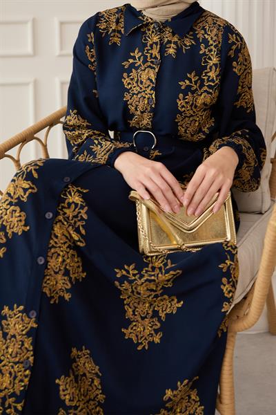 Gold Desenli Lacivert Viskon Elbise