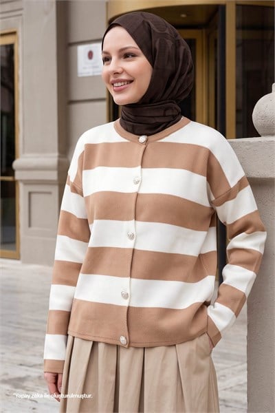 Gold Button Striped Camel Knit Cardigan