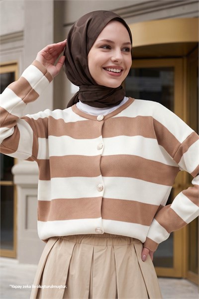 Gold Button Striped Camel Knit Cardigan