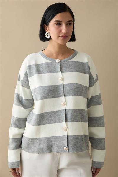 Gold Düğmeli Şeritli Gri Triko Hırka