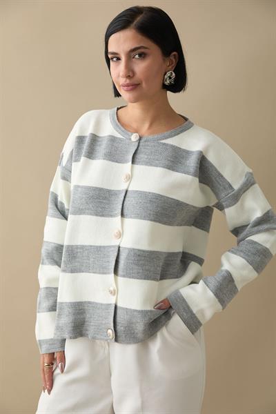 Gold Düğmeli Şeritli Gri Triko Hırka