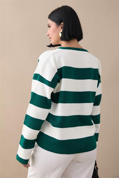 Gold Düğmeli Şeritli Zümrüt Yeşili Triko Hırka