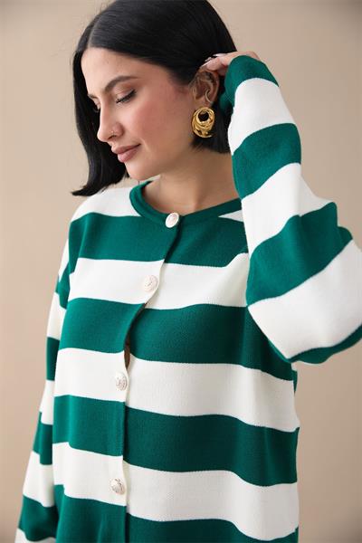 Gold Düğmeli Şeritli Zümrüt Yeşili Triko Hırka