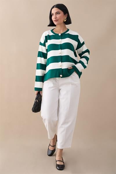 Gold Düğmeli Şeritli Zümrüt Yeşili Triko Hırka