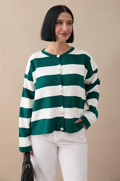 Gold Düğmeli Şeritli Zümrüt Yeşili Triko Hırka