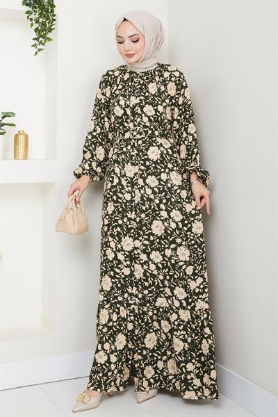 Gölge Çiçek Desen Haki Viskon Elbise