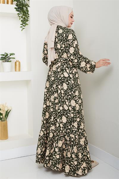 Gölge Çiçek Desen Haki Viskon Elbise
