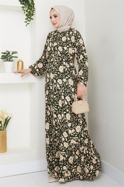 Gölge Çiçek Desen Haki Viskon Elbise