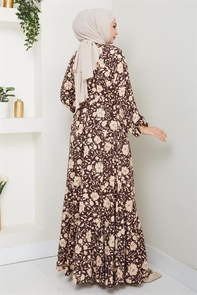 Gölge Çiçek Desen Kahverengi Viskon Elbise