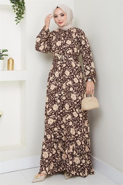 Gölge Çiçek Desen Kahverengi Viskon Elbise