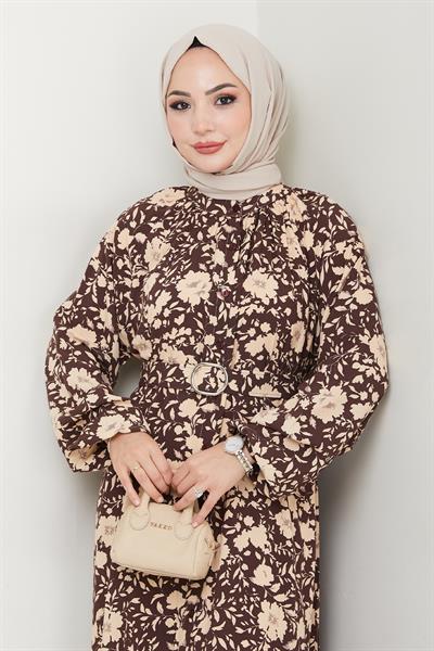 Gölge Çiçek Desen Kahverengi Viskon Elbise