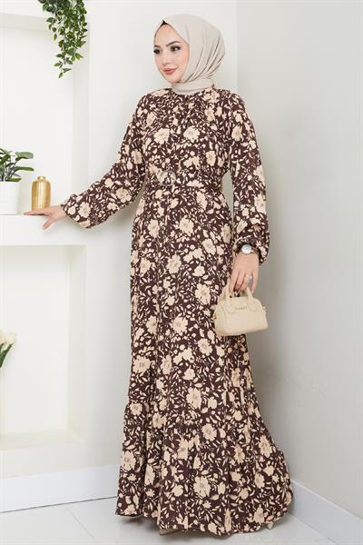 Gölge Çiçek Desen Kahverengi Viskon Elbise