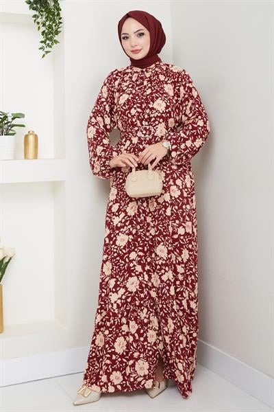 Gölge Çiçek Desen Kırmızı Viskon Elbise