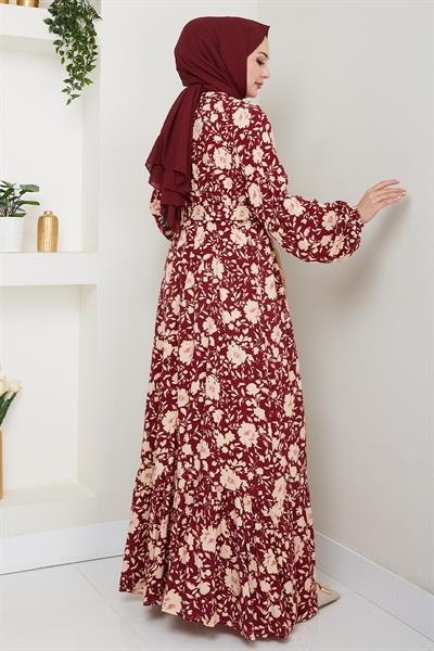 Gölge Çiçek Desen Kırmızı Viskon Elbise