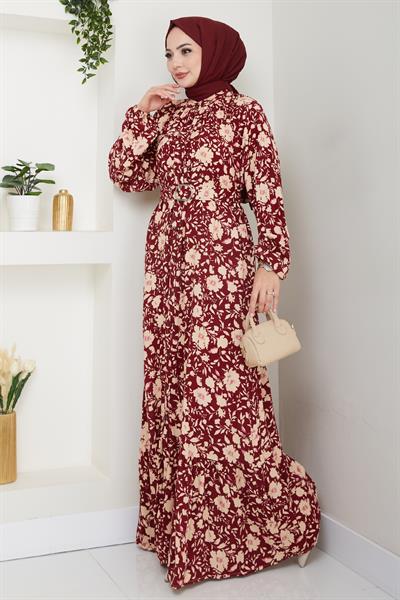 Gölge Çiçek Desen Kırmızı Viskon Elbise