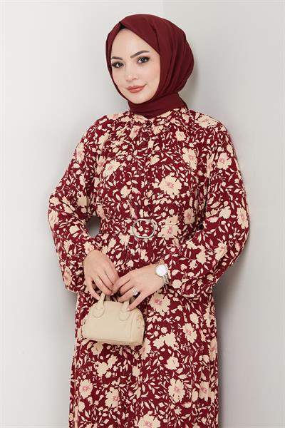Gölge Çiçek Desen Kırmızı Viskon Elbise