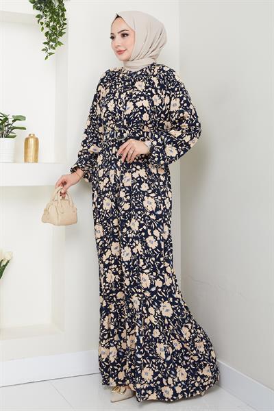 Gölge Çiçek Desen Lacivert Viskon Elbise