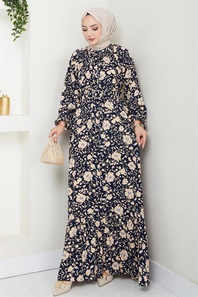 Gölge Çiçek Desen Lacivert Viskon Elbise
