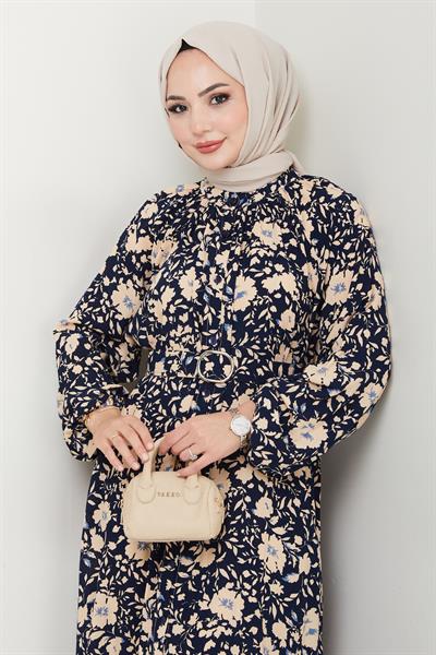 Gölge Çiçek Desen Lacivert Viskon Elbise