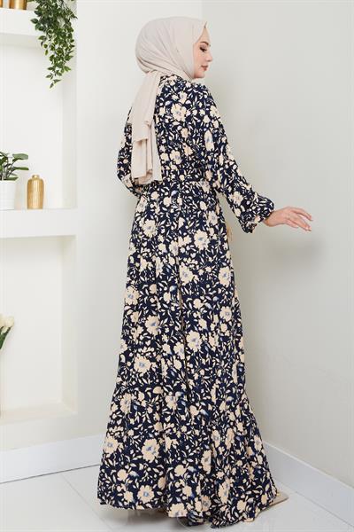 Gölge Çiçek Desen Lacivert Viskon Elbise