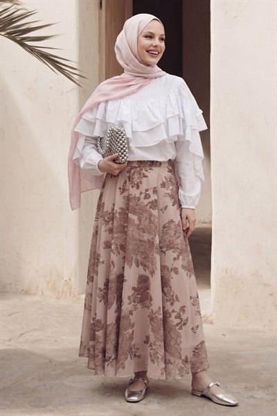 Gölge Çiçek Desen Şifon Saten Etek Gül Kurusu