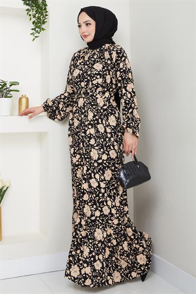 Gölge Çiçek Desen Siyah Viskon Elbise
