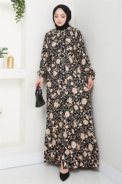 Gölge Çiçek Desen Siyah Viskon Elbise