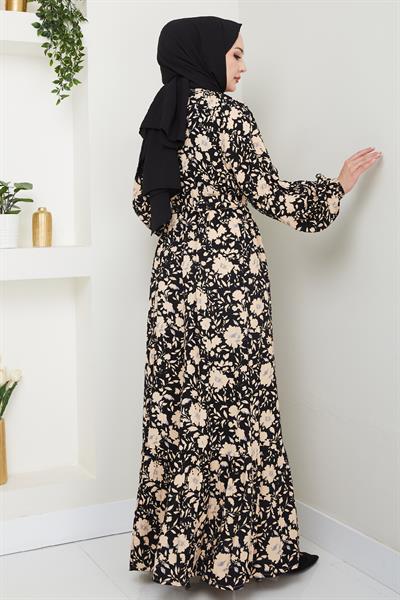 Gölge Çiçek Desen Siyah Viskon Elbise