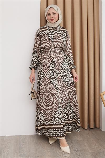 Gölge Desen Kahverengi Viskon Elbise