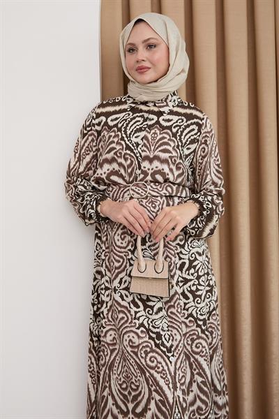 Gölge Desen Kahverengi Viskon Elbise