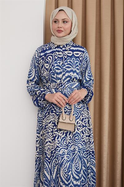 Gölge Desen Mavi Viskon Elbise