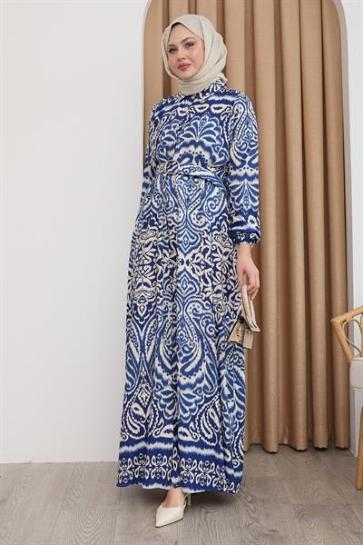 Gölge Desen Mavi Viskon Elbise